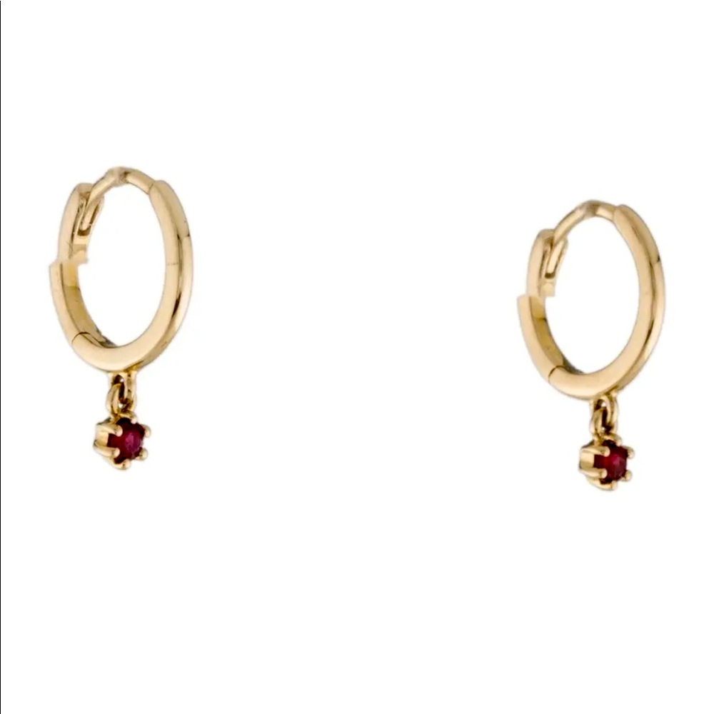 14k Gold and Ruby Huggie Hoop Drop Earrings Dangle Dainty